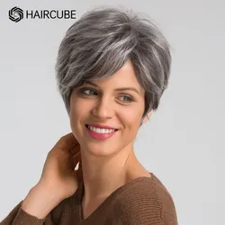 HAIRCUBE-Peluca de cabello humano sintético para mujer, cabellera corta con flequillo, ombré color gris, negro ceniza, uso diario/Cosplay, resistente al calor