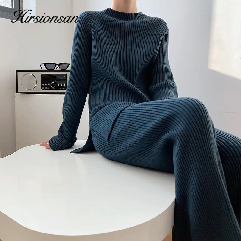 Hirsionsan Soft Cashmere Knitted Sets Women 2023 Autumn Winter Casual Two Pieces Sweater and Pants Outfits Solid Tracksuit Lady