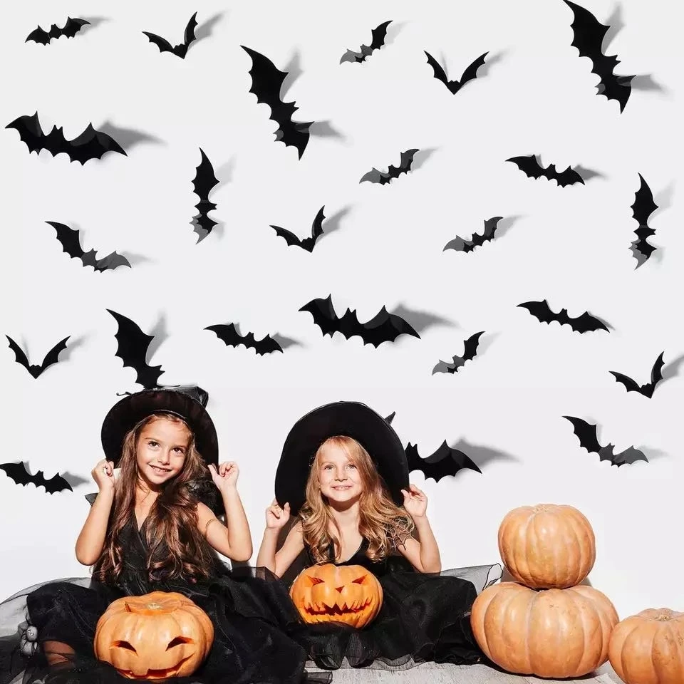 12/24/48pcs PVC 4D Halloween Bat Wall Stickers Halloween Decorations Life-Like Black Bats Scary Props DIY Home Room Wall Decals