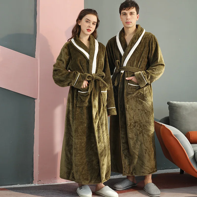 Women Winter Long Flannel Bathrobe Warm Kimono Bath Robe Sexy Bridesmaid Dressing Gown Men Robes Night Sleepwear