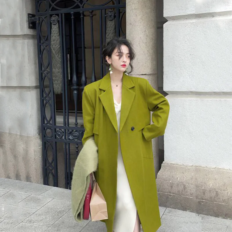 Women Woolen Coat Korean Loose Chic Cashmere Outwear Elegant Long Wool Coat Female Oversized Woolen Blends Overcoat Fall Winter