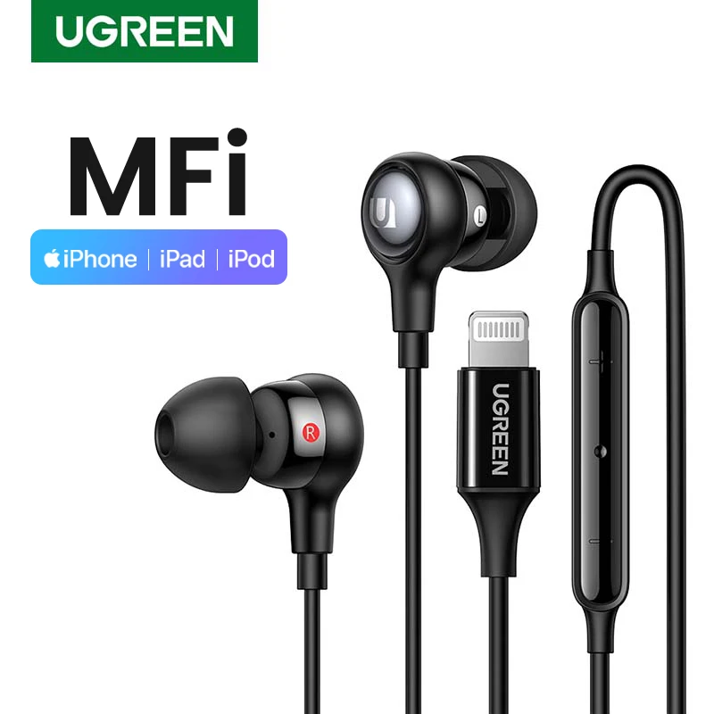 UGREEN MFi Certified Wired Earphones Lightning Connector Earbuds for iPhone 12 11 with Microphone and Controller