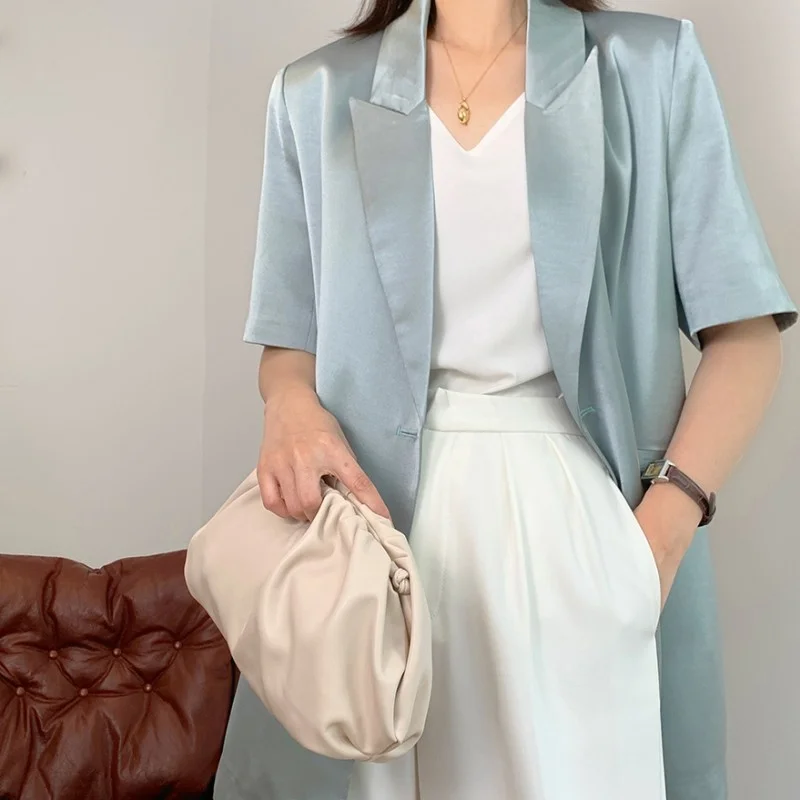 

New 2022 Korean Style Womens Summer Single Breasted Loose Short Sleeve Suits Jackets Office Lady Elegant Fashion Solid Coat