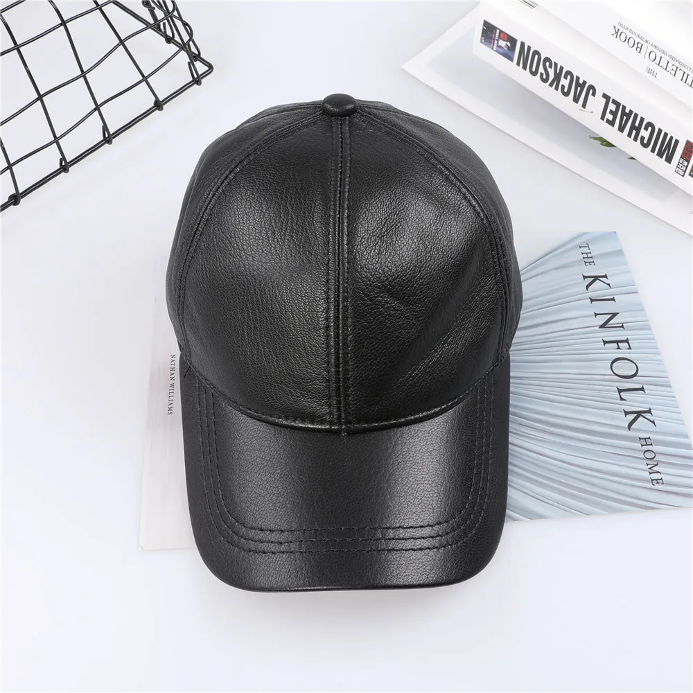 Genuine Leather Baseball Cap Men Black Cowhide Hat Snapback Male Adjustable Autumn Winter Real Leather Peaked Hats