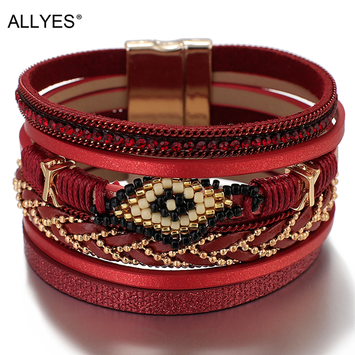 ALLYES MIYUKI Beads Evil Eye Wrap Bracelet for Women Men Fashion Multilayer Leather Bracelet Rhinestone Handmade Female Jewelry