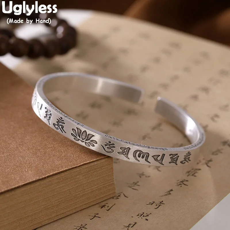 Uglyless Solid 999 Silver Lotus Bangles for Women Buddhism Gifts Jewelry Open Mantra Bangles ॐमणिपद्मेहूँ ōng ma nī bēi mēi hōng