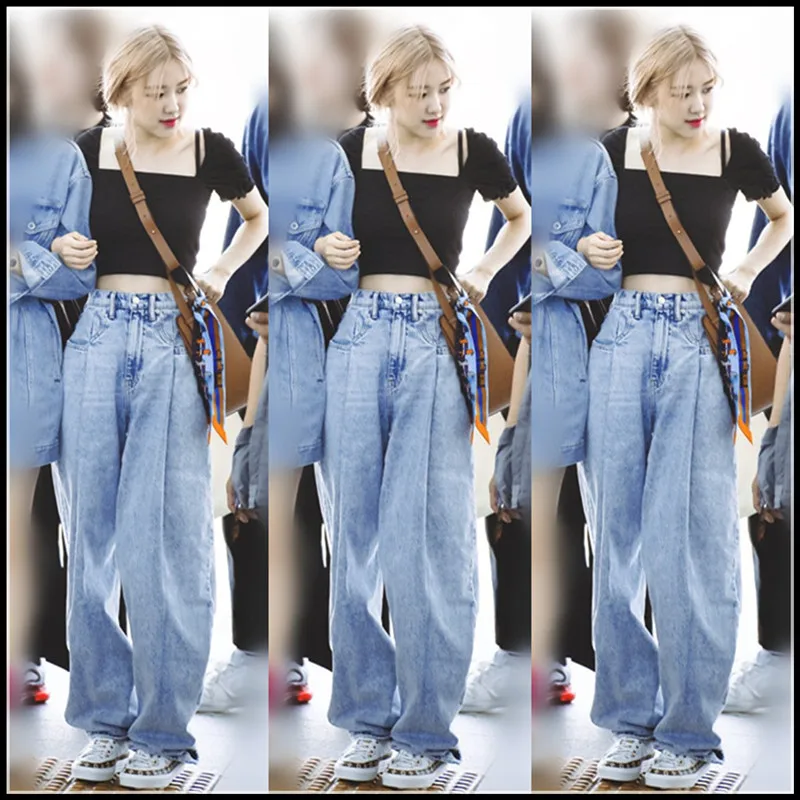 

kpop Seo Yea Ji IU Rose streetwear same fashion high waist jeans women Jeans Sexy Jeans denim popular Light blue Wide leg Pants