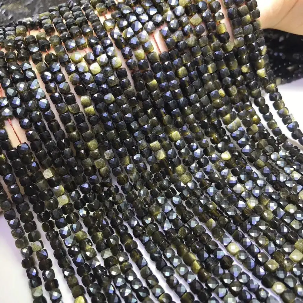 

gold Obsidian square faceted 4-4.5mm nature for making jewelry necklace 38CM FPPJ wholesale loose beads