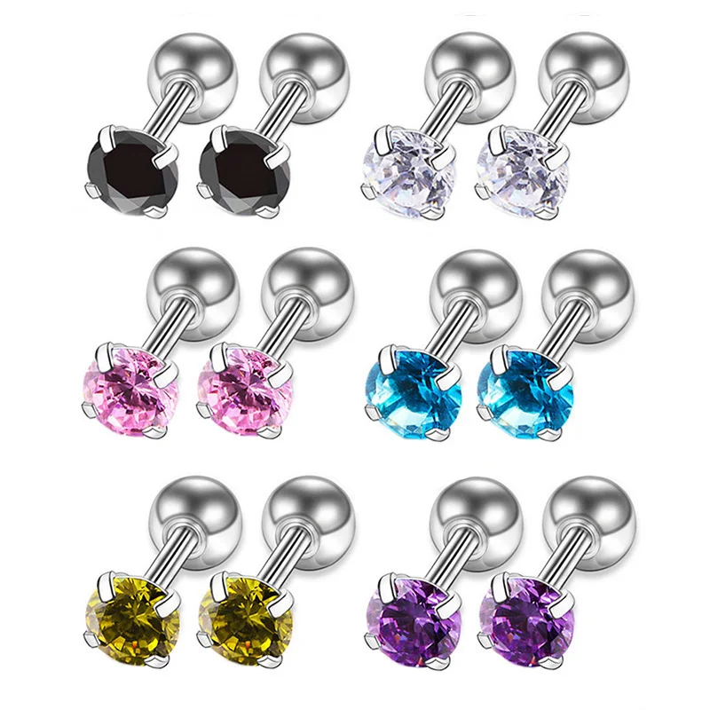 1Pair 4mm Tiny Round Crystal Stud Earrings Screw Ball Stainless Steel Women/Men Earrings Ear Bone Nail Piercing Ear Jewelry