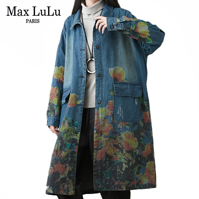 Max LuLu New Autumn Fashion Korean Designer Vintage Trench Coats Womens Printed Denim Windbreakers Casual Loose Long Clothes