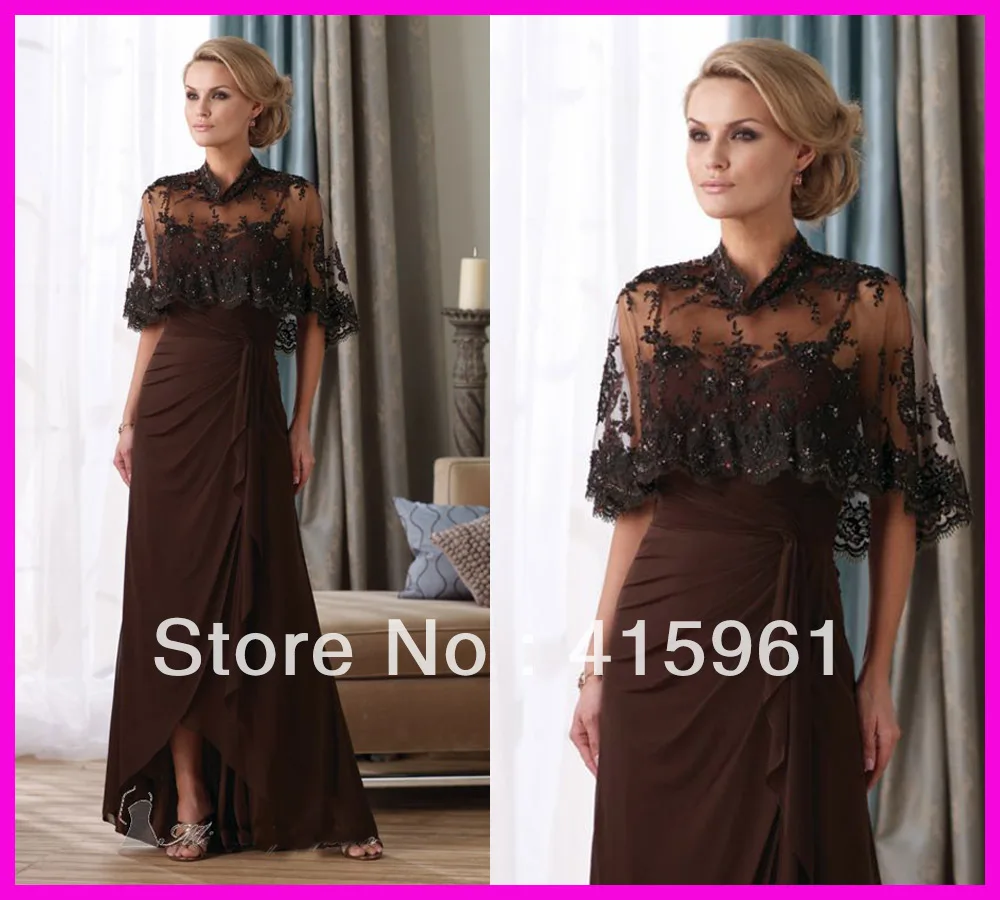 Brown High Neck vestido de madrinha Beaded Lace Mother of the Bride Dresses for weddings 2019 evening Gowns With Jacket Chiffon