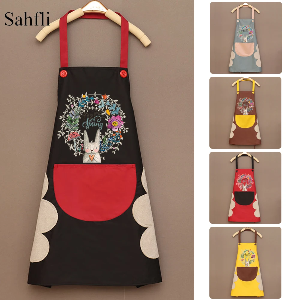 Pretty Flower Rabbit Pattern Waterproof Cooking Aprons for Home Kitchen Halter Design Sleeveless Bib Apron Dress with Pocket