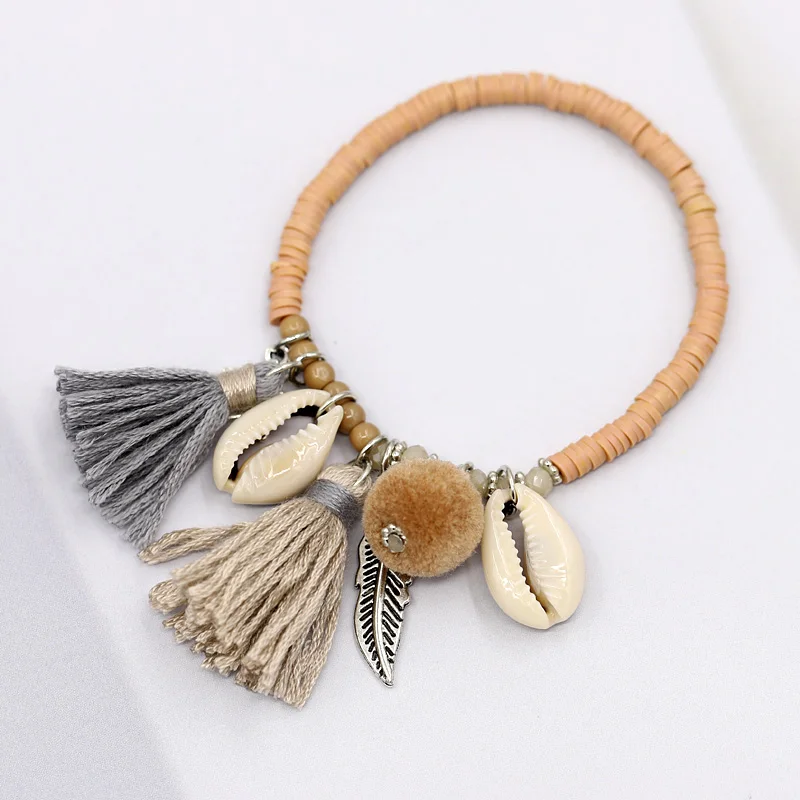 Boho Bracelet Women\'s Fashion Handmade Jewelry Colorful Clay Beads Tassel Shell Bracelets Female Girls Gifts