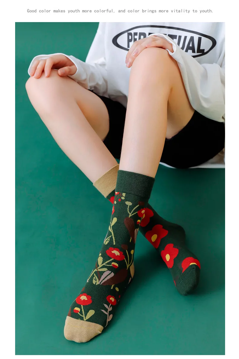 Trendy Socks Ab Paragraph Pure Cotton High Tube Socks Creative Cartoon Small Flowers New Autumn and Winter Stockings Female Sock