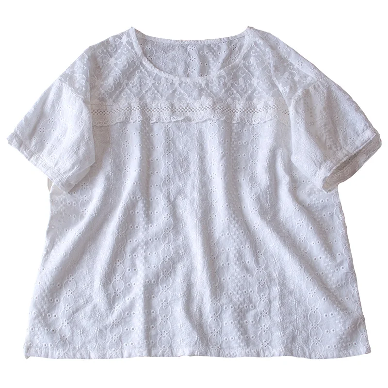 TIYIHAILEY Free Shipping 2020 Summer New Cotton Tops For Women Short Sleeve O-neck Embroidery Tees Thin Soft White Japan Style