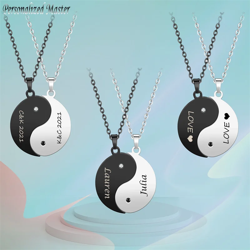 Personalized Master Custom Name Necklace Engrave Text Tai Chi Puzzle Pendant Necklace W/ Rhinestone Friends Lovers Birthday Gift