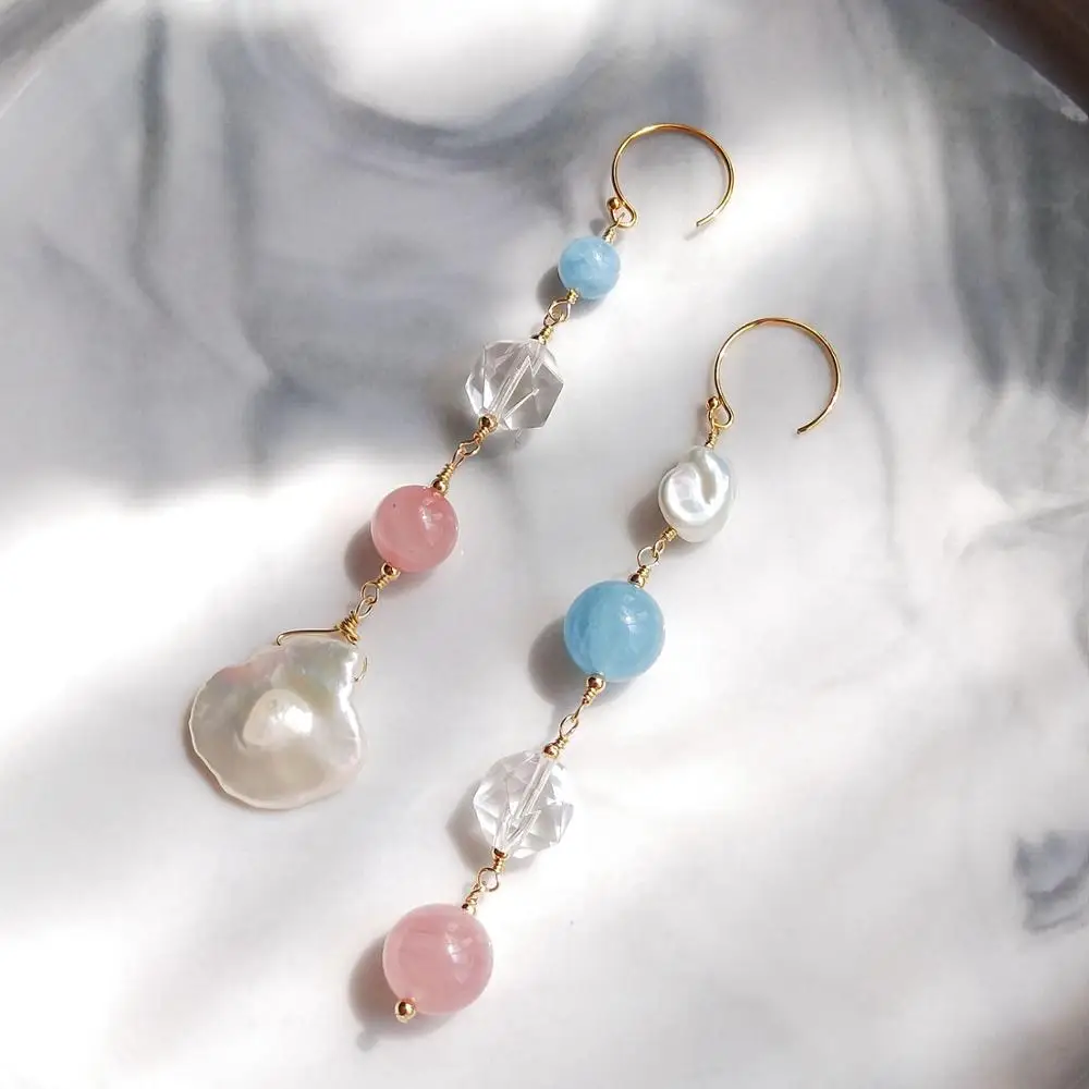LiiJi Unique Genuine Stone Asymmetric Earrings US Goldfilled Aquamarine Rose Quartz Baroque Pearl Crystal Unique Long Earrings