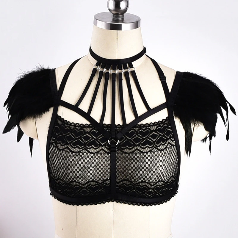 

Black Gothic Feather Body Harness Cage Sexy Lace Mesh Lingerie Woman Bondage Harness Belt Rave Wear Perspective Bra