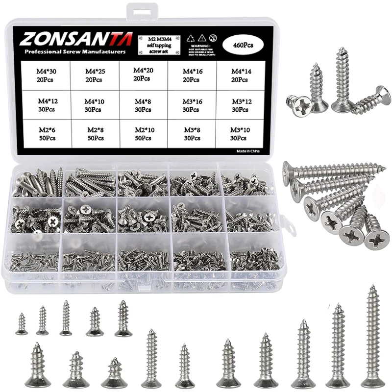 ZONSANTA M2 M3 M4 Self-Tapping Screw 304 Stainless Steel Phillips Flat Head Wood Screws Assortative Kit Fitment Tool accessories