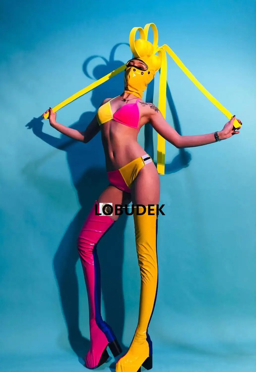Women Masked Singer Stage Costume Colorful Striped PU Leather Bikini Jacket Leggings Mask Headgear Set Nightclub Dancer Clothes