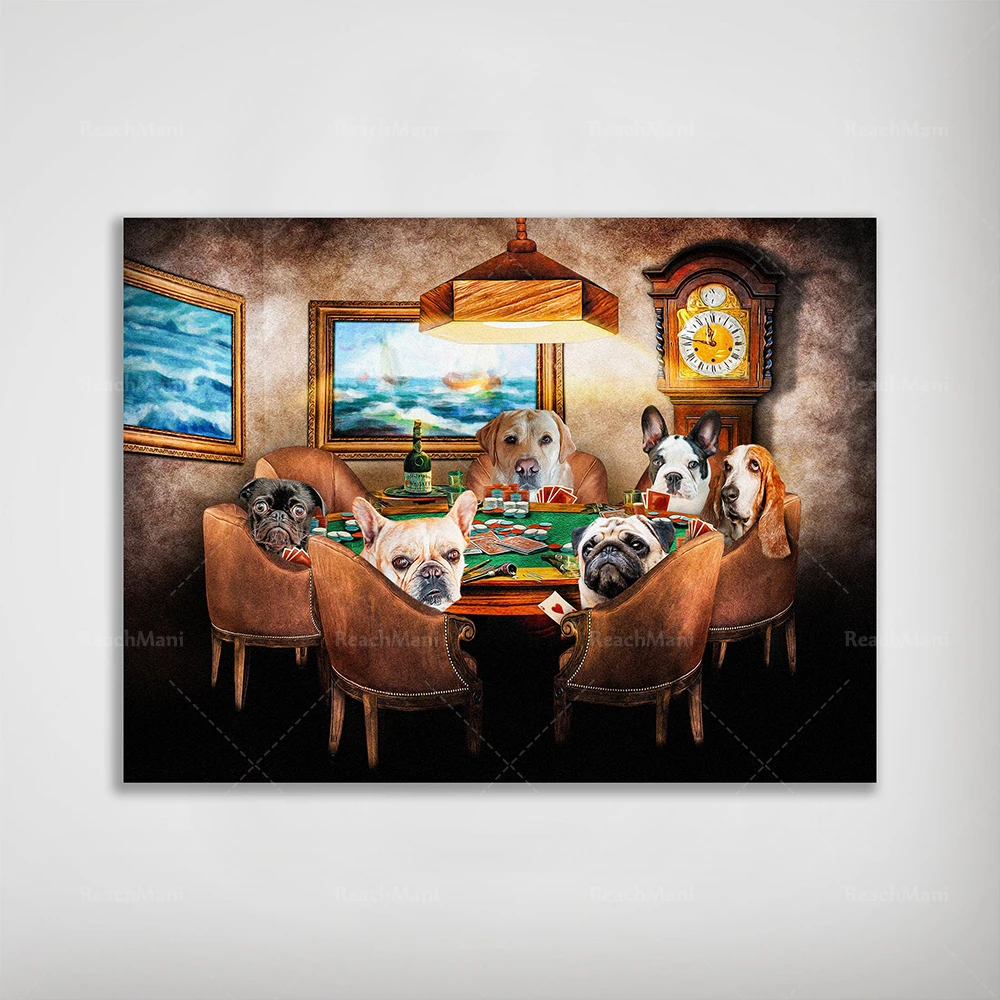 Dog playing poker fun posters and print wall pictures cool pet dog pug in casino art canvas painting living room home decoration