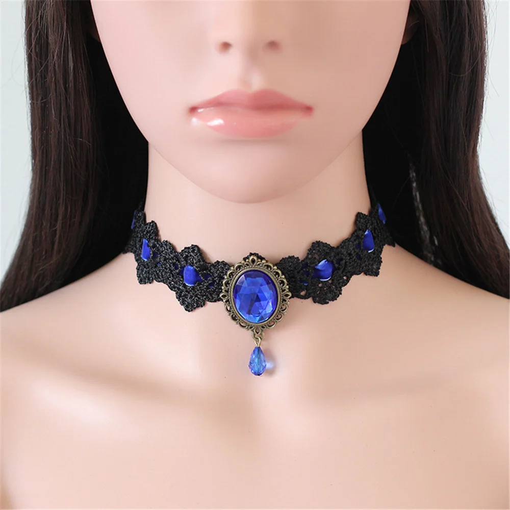 Vintage tatuaż Choker czarne koronkowe bohema frędzle łańcuszek do obojczyka Gothic Punk kryształowy naszyjnik damska biżuteria impreza akcesoria