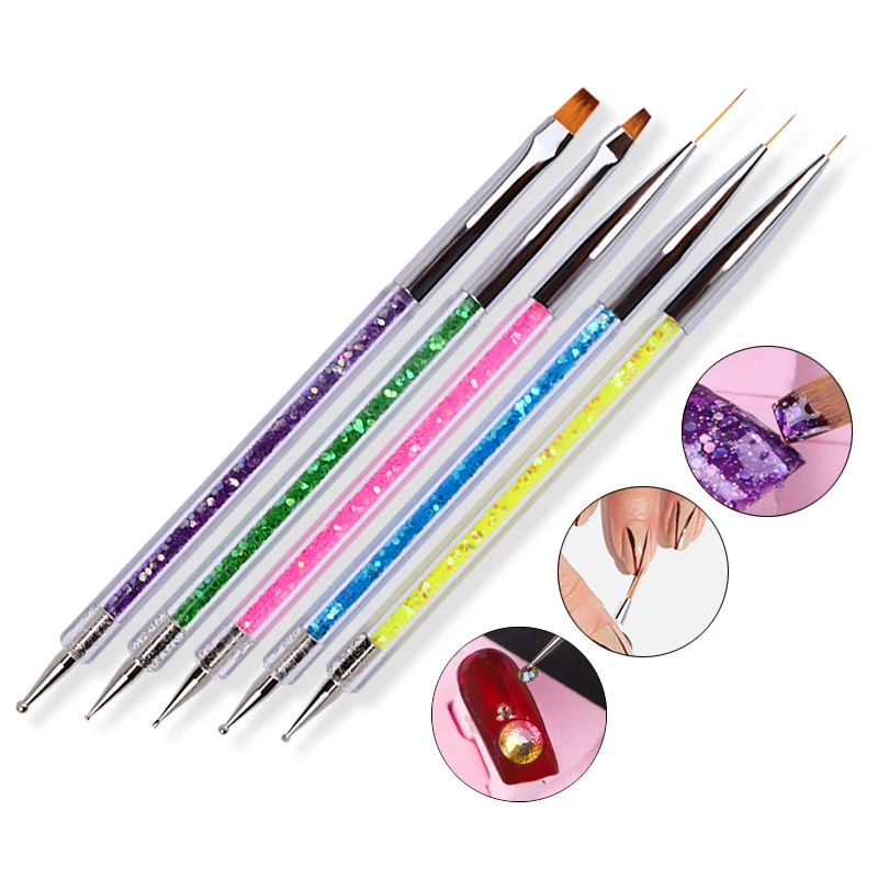 5pcs 2 Way Nail Art Brush Liner Gel Nail Art Painting Pens Polish Dotting Manicure Brushes Set Beauty Tool