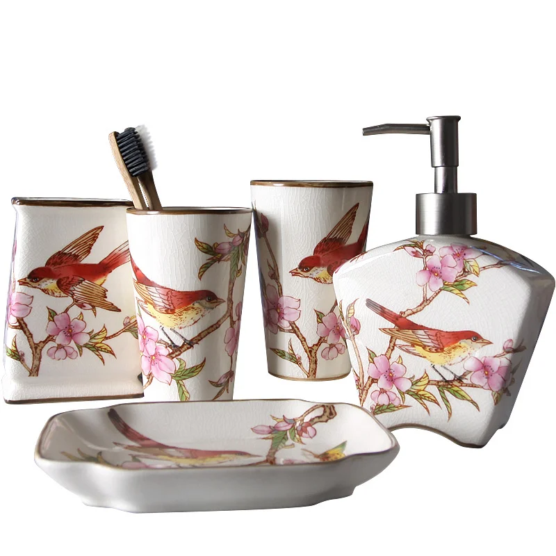 Bathroom Set Ceramic Liquid Soap Dispenser/Dish Toothbrush Holder Gargle Cup 4/5 Piece Set  Birthday Gift Flower & Bird Painting