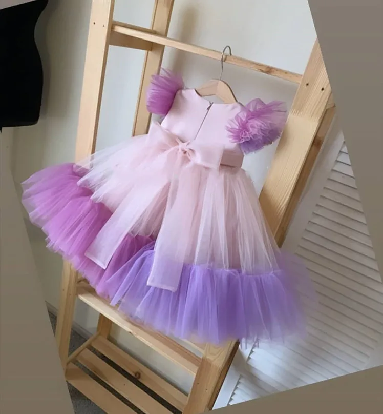 A-Line Baby Girl Dresses O Neck Cap Sleeves Puffy Mesh Toddler 1st Birthday Gown Christmas New Year Photography