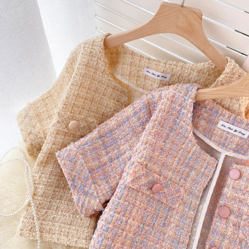 Women Jackets 2021 Summer Korea Chic Ladies French Retro Round Neck Raw Edges Design Loose Pockets Tweed Short Jacket Femme