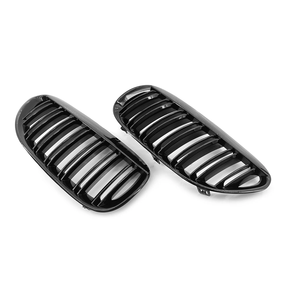 2Pcs Gloss Black ABS Front Kidney Grille Dual Line Mesh Grill For BMW E63 E64 6 Series 650i M6 2004-2010