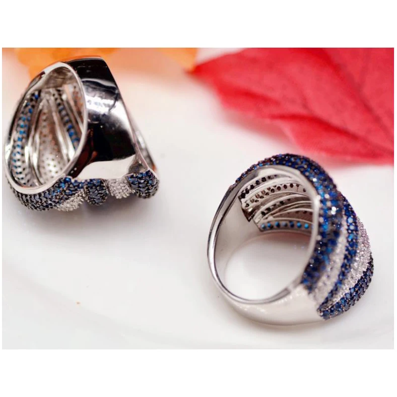 LYCOON Free shipping Trendy Newest blue and white stone stripe ring fashion rose flower Ring prong Setting Cubic Zirconia for Women Party Ring