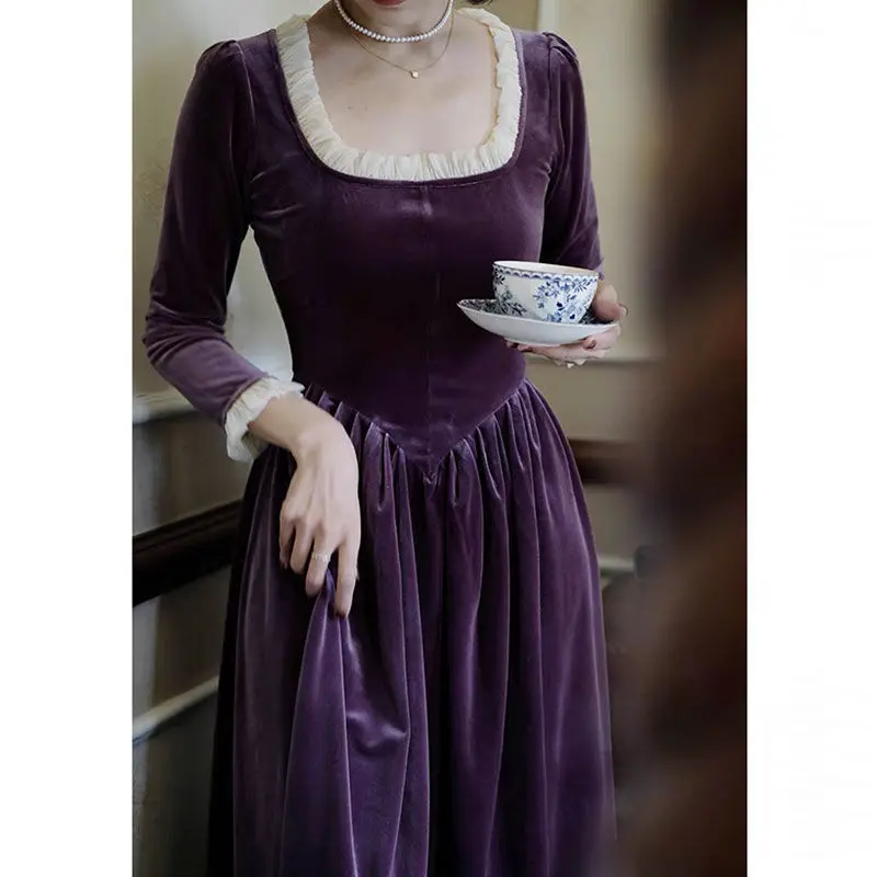 Autumn and Winter new women's dress French Hepburn style elegant dress purple velvet square collar midi dress daily party dress