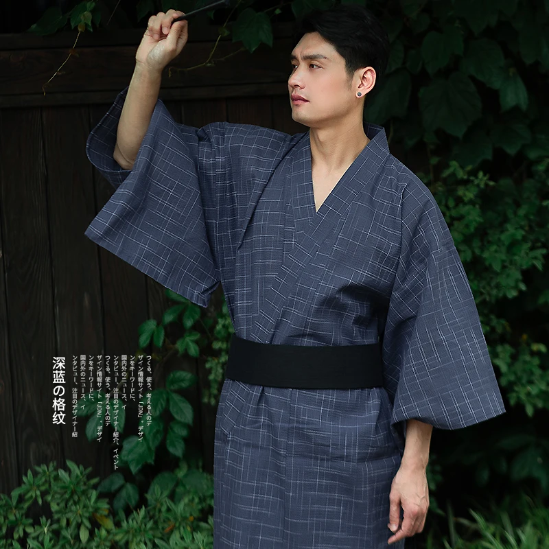 Male Traditional Japan Kimono Bathrobes Mens Cotton Robe Yukata Men Bath Robe Summer Sleepwear With Belt