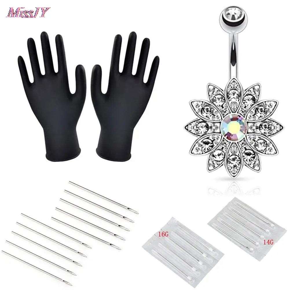1 مجموعة 14 جرام 16 جرام المهنية ثقب السرة أداة عدة الفولاذ المقاوم للصدأ البطن الدائري اللسان الزنمة الحلمة الشفاه الحاجب الأنف مجوهرات للجسم