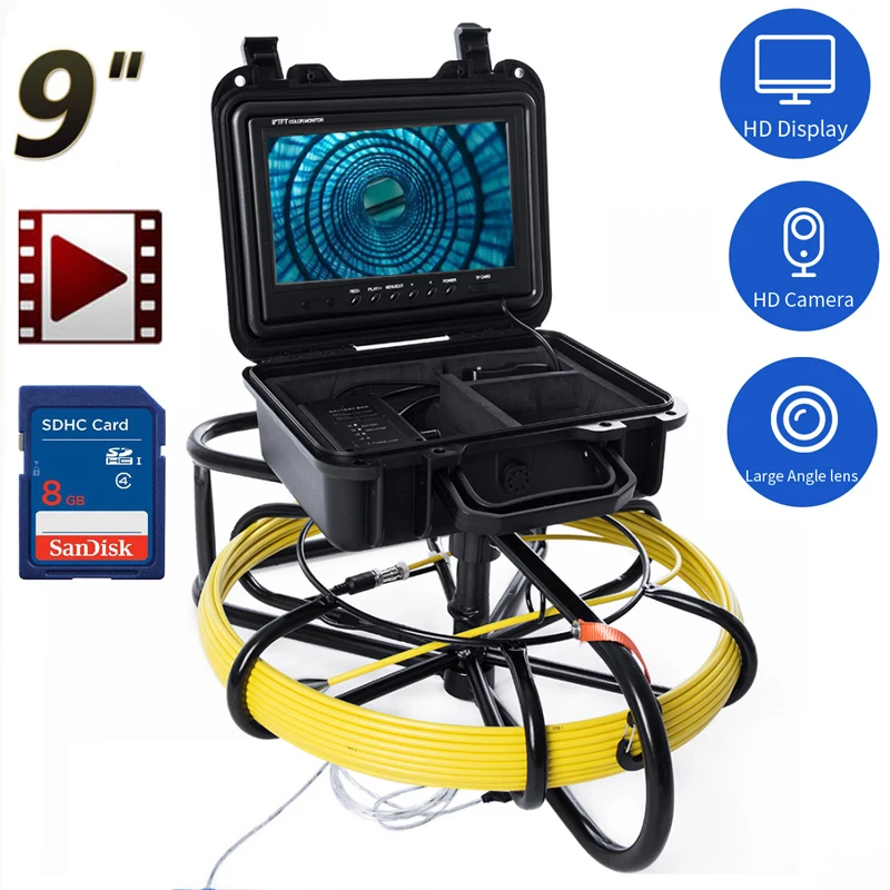 9Inch Pipe Inspection Camera 10/20/30/40/50M Sewer Camera with DVR 8GB Card Drain Industrial Endoscope IP68 8500MHA Battery