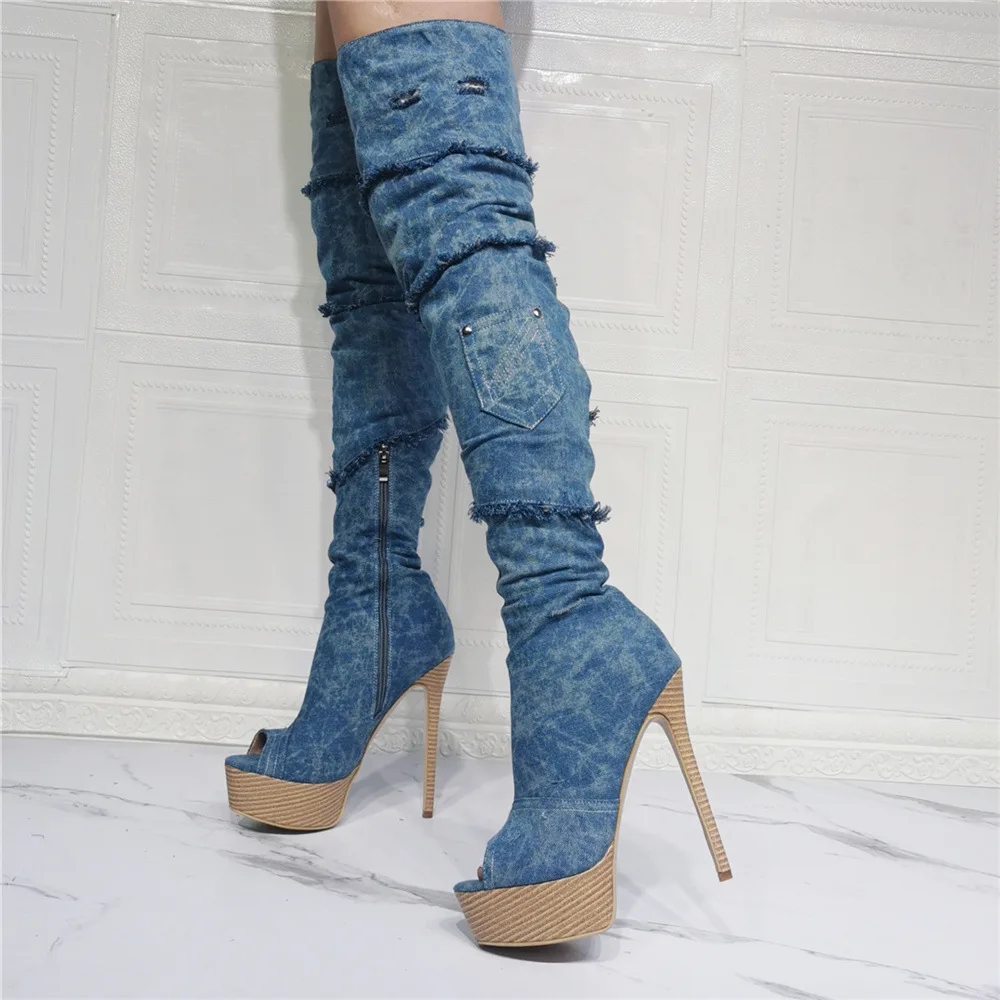 Large Size 47 Women Fashion Blue Denim Boots Sexy Summer Thigh High Boots Streen Style Over the Knee Boots High Heel Shoes Women