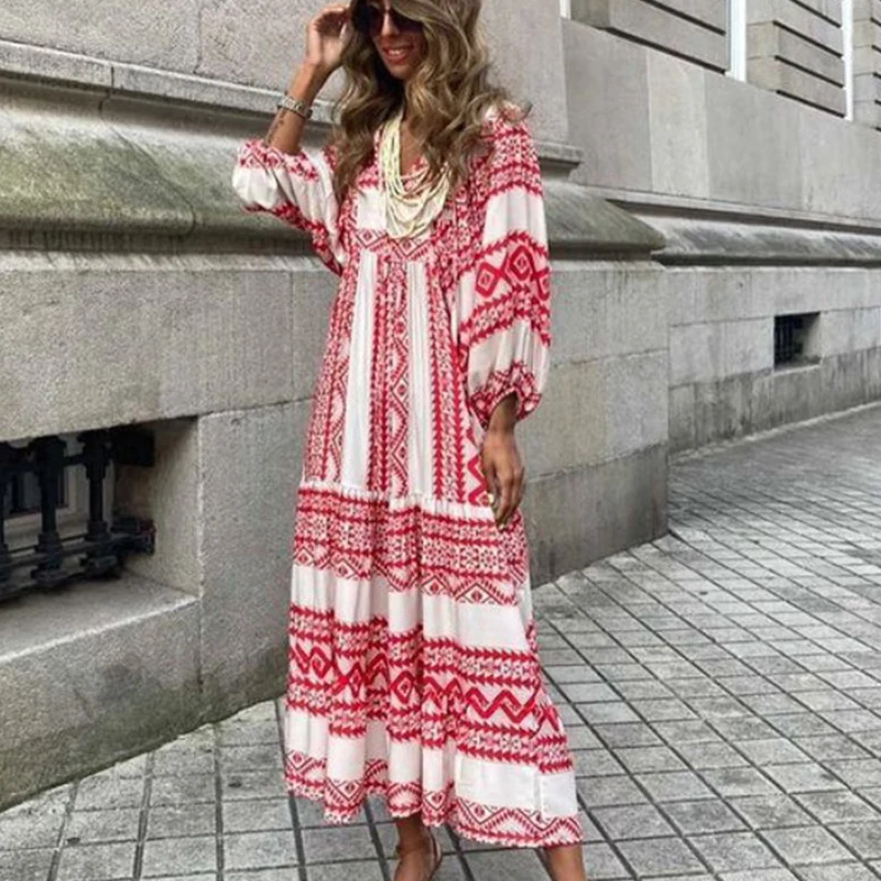 Autumn Fashion Half Sleeve Women Loose Dress Casual Printed Vintage Long Dresses Elegant V Neck Drawstring Party Dress Vestidos