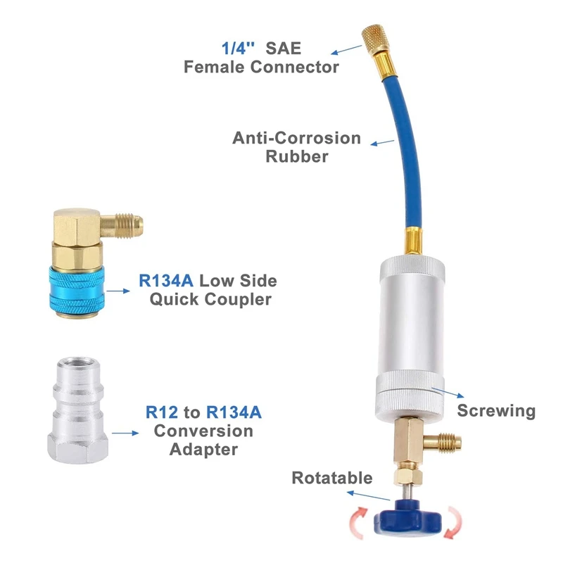 Air Conditioner A/C Oil Injector Tool R134A Low Side Quick with Gauge Refrigerant Inflation Hose R12 R134A Adapter