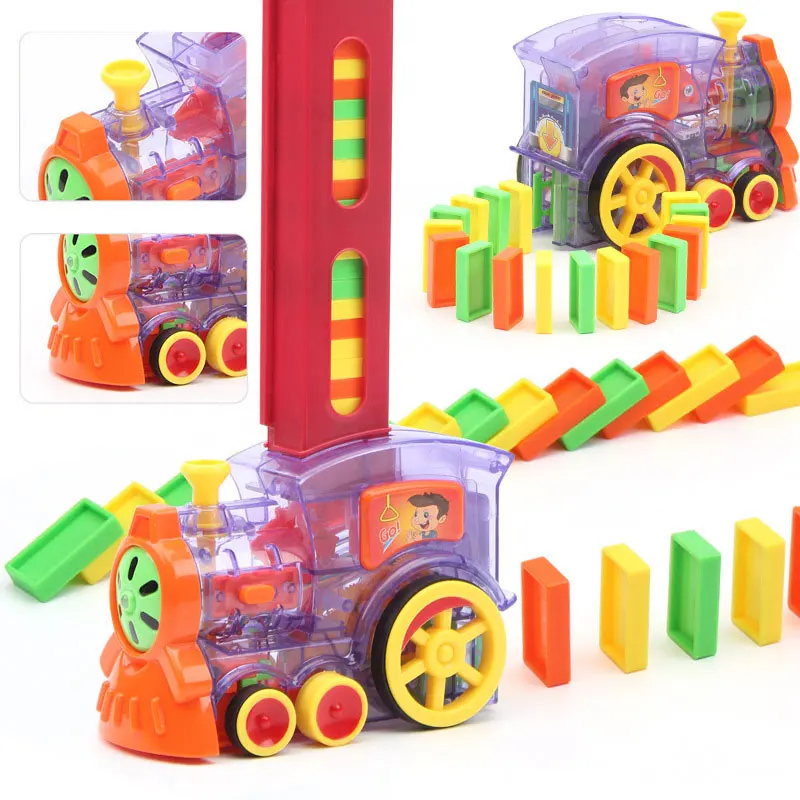 Domino Train Toy Set Rally Electric Train Model With 60/80 PcsColorful Domino Game Building Blocks Car Truck Vehicle Stacking