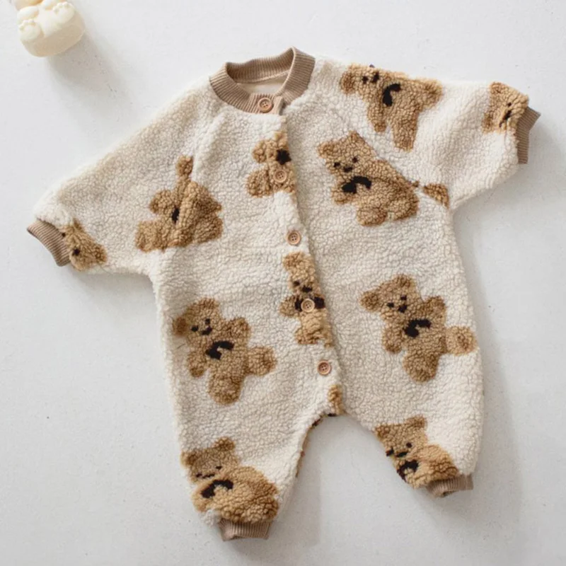 MILANCEL 2021 Winter Baby Rompers Bear Style Toddler Boys Jumpsuits Single Breast Girls Clothing Fleece Baby Out suit