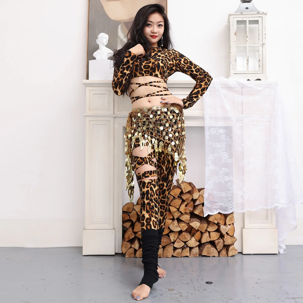 Belly Dance Costume Set Leopard Print Top Pants Hip Scarf Performance Oriental Competition Bellydance Professional Practice Wear