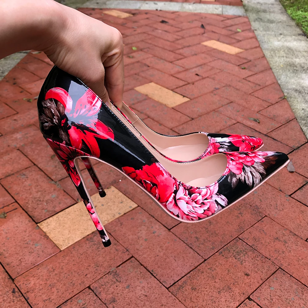 Tikicup Women Gloossy Floral Printed Pointed Toe High Heels 8cm 10cm 12cm Ladies Party Dress Shoes Sexy Patent Stiletto Pumps