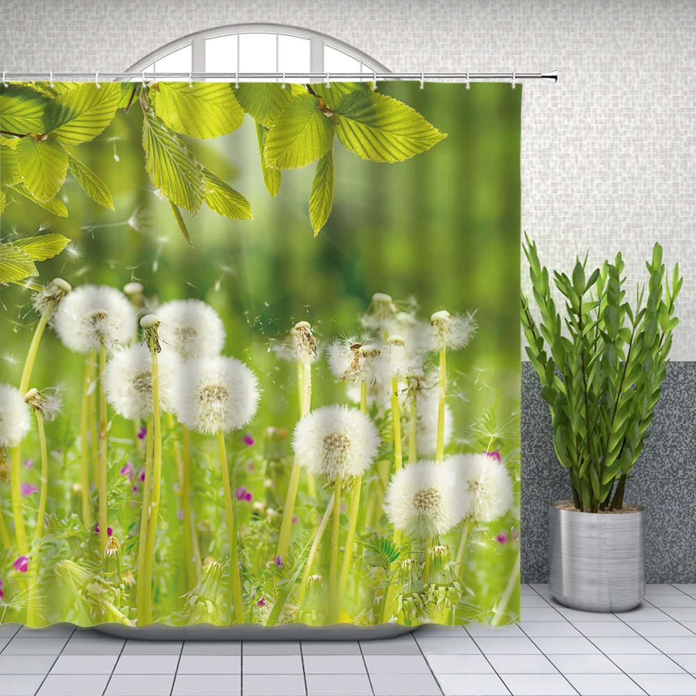 Plant Shower Curtains White Dandelion Greenery Blue Background  Simple Girls room Bathroom Decor Waterproof Cloth Curtain Set