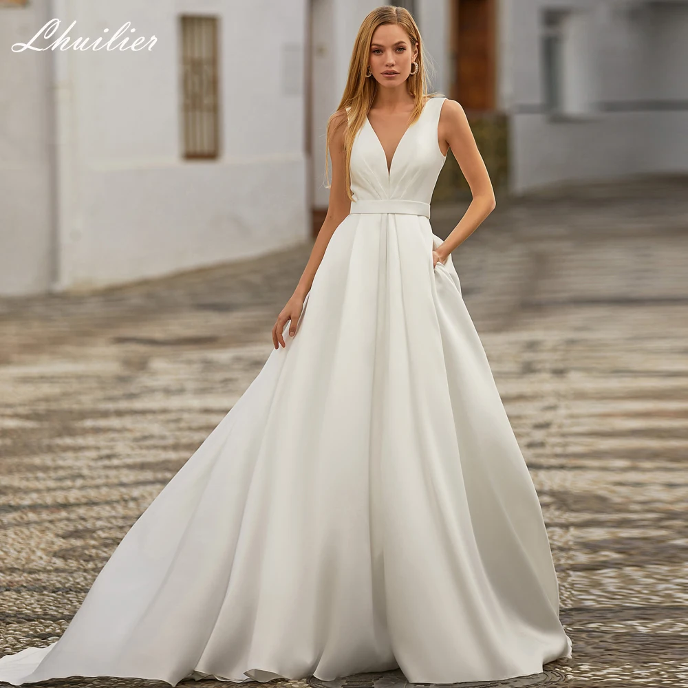 Lhuilier-Mulheres's A Linha V-Neck cetim Vestidos de Casamento, até o chão simples, vestido de noiva sem mangas, Trem Tribunal