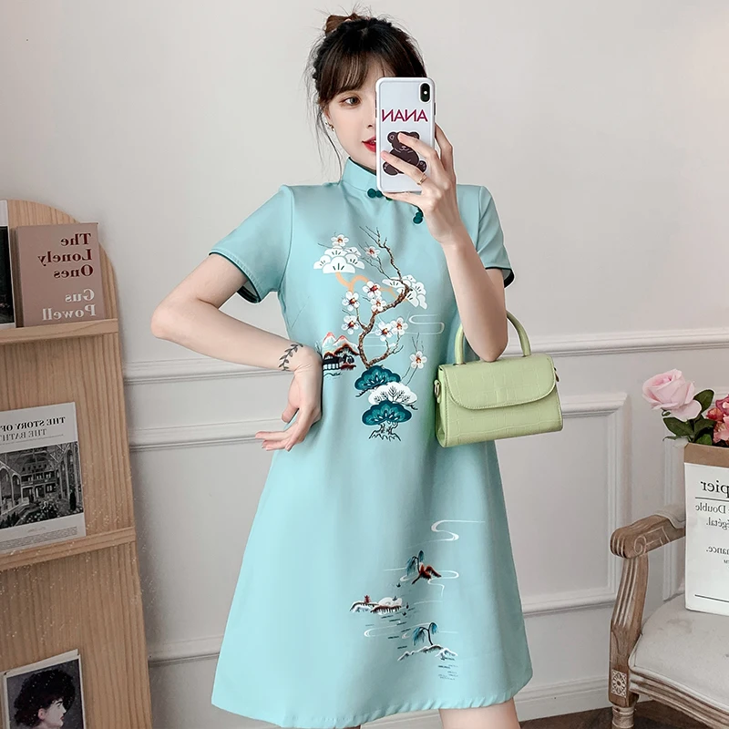 Plus Size M-4XL 2021 New Blue Loose Fashion Modern Cheongsam Dress Women Short Sleeve Qipao Traditional Chinese Style Clothes