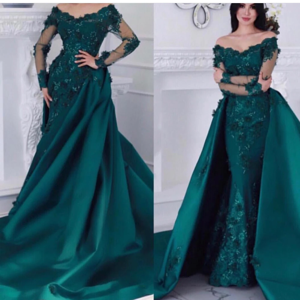 Afneembare prom dresses groen uit de schouder v-hals lange mouwen kant applicaties bloemen formele jurken avondjurken