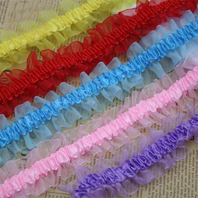 40meters/lot 4cm Wide Elastic Organza Ruffle Ribbon Stretched Pleated lace trim DIY hair head decoration materials fold lace