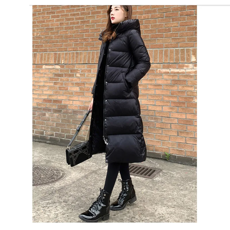 winter warm thick puffer women down cotton jackets black  shiny hooded zipper long padded winter coat