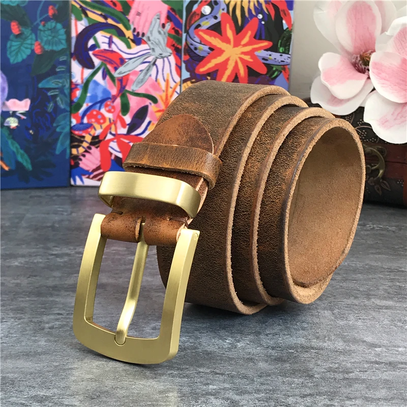 Vintage Brass Belt Buckle Genuine Leather Belt Male Ceinture Yellow Belt Cowboy Jeans Men\' Belt Long 130cm Waist Belt MBT0006